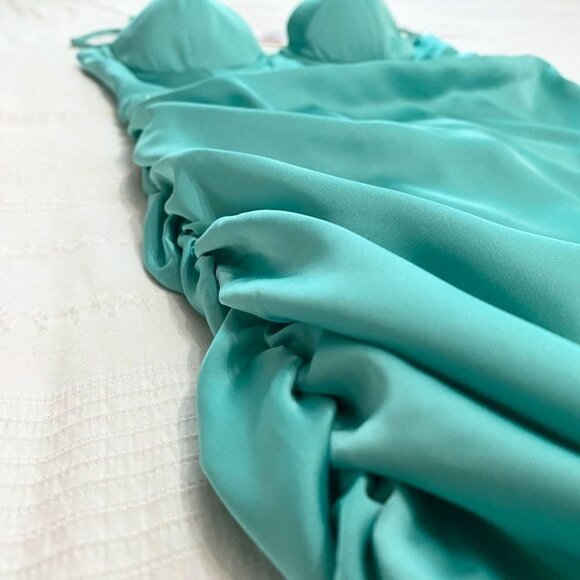 OH POLLY AQUA SATIN BUSTIER CINCHED MINI COCKTAIL DRESS 5723 BATCH A IN GREEN - Picture 7 of 9